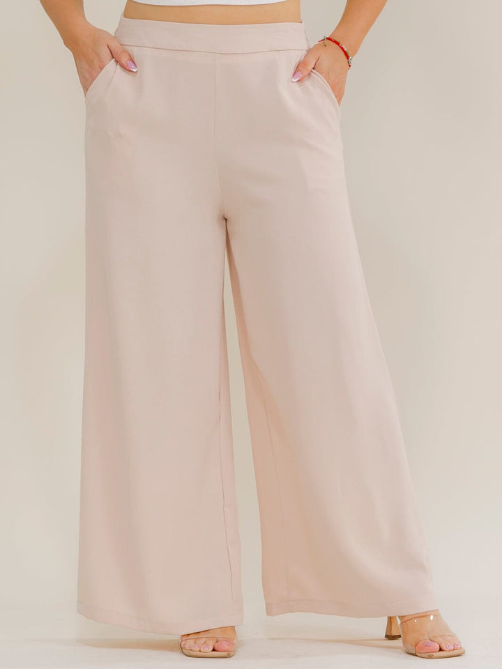 PLUS SIZE ELASTIC WAIST FRONT POCKETS WIDE LEG PANTS
