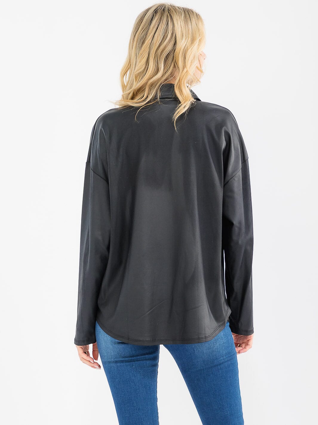 WOMEN'S LONG SLEEVE BUTTON UP PU PLEATHER TOP