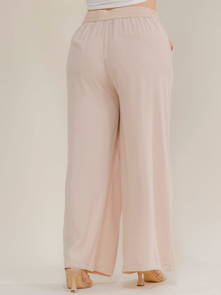 PLUS SIZE ELASTIC WAIST FRONT POCKETS WIDE LEG PANTS