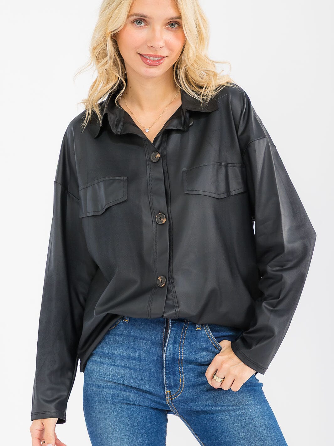 WOMEN'S LONG SLEEVE BUTTON UP PU PLEATHER TOP