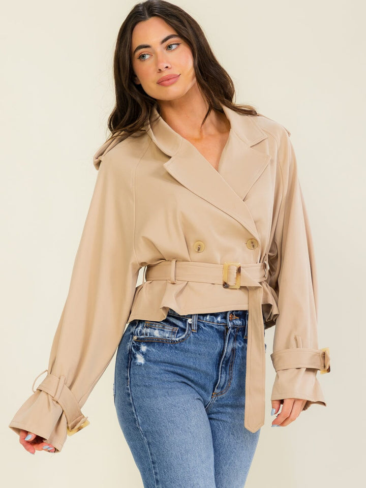 ENTRO WOMEN'S LONG SLEEVE BUTTON CLOSURE BELTED JACKET