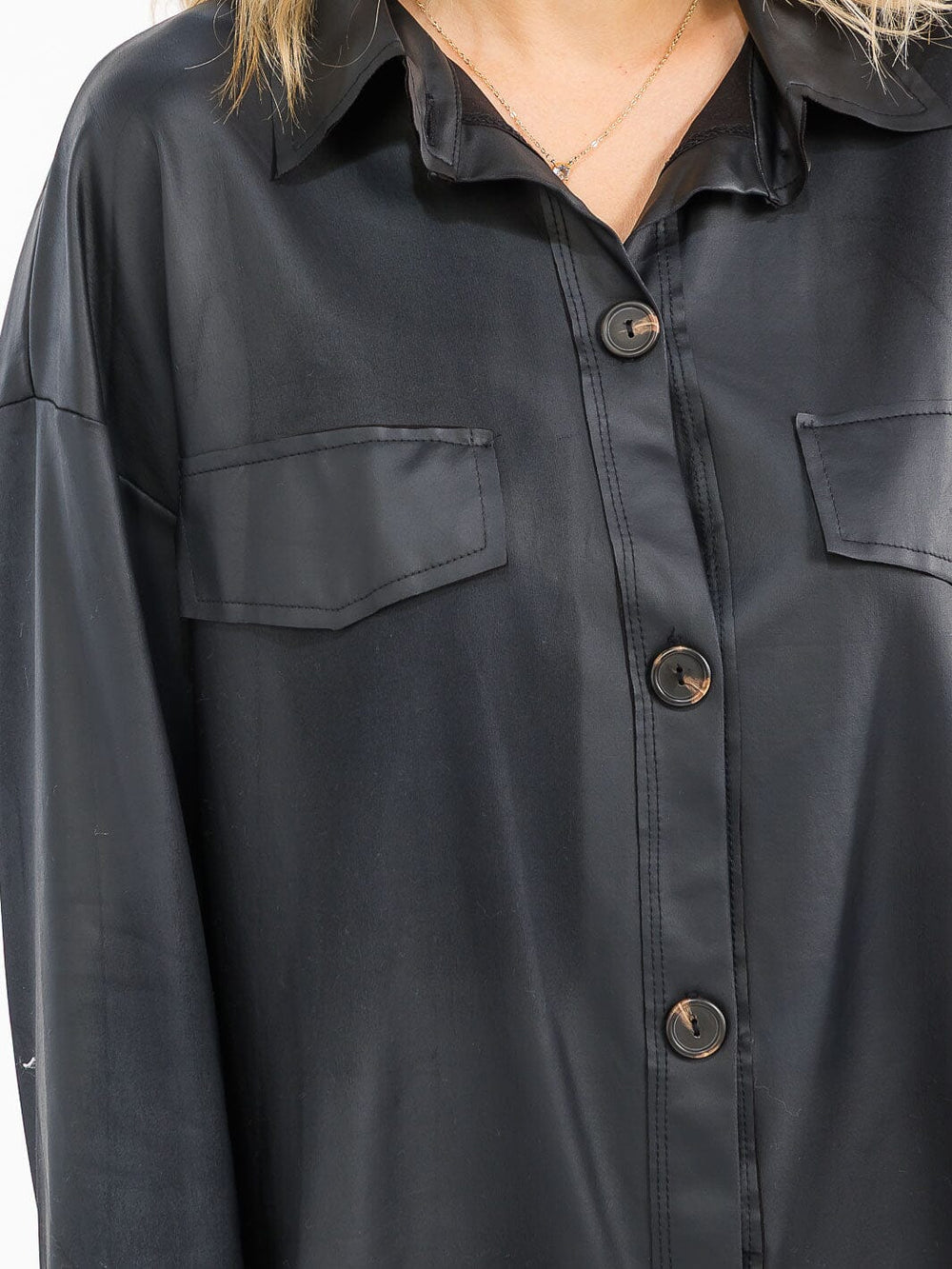 WOMEN'S LONG SLEEVE BUTTON UP PU PLEATHER TOP