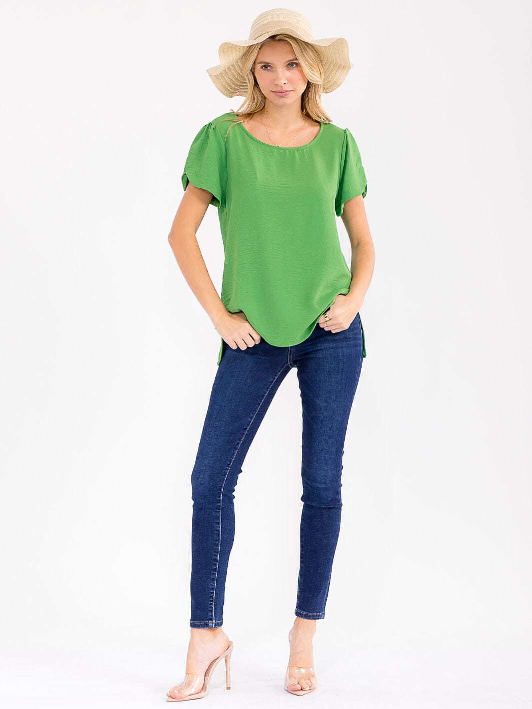 WOMEN'S SHORT DETAILED SLEEVE HIGH-LOW SOLID BLOUSE