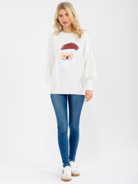 WOMEN'S LONG SLEEVE SANTA GRAPHIC PULLOVER SWEATER