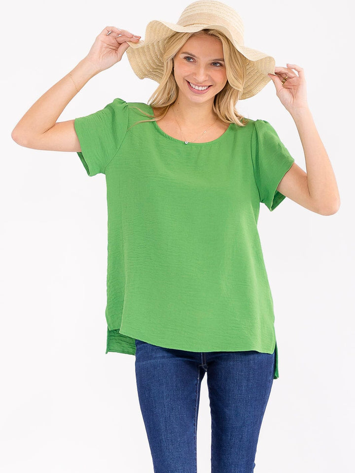 WOMEN'S SHORT DETAILED SLEEVE HIGH-LOW SOLID BLOUSE