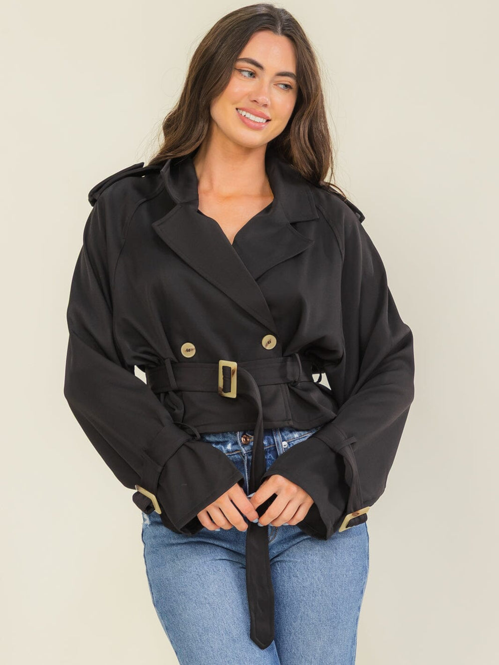 ENTRO WOMEN'S LONG SLEEVE BUTTON CLOSURE BELTED JACKET