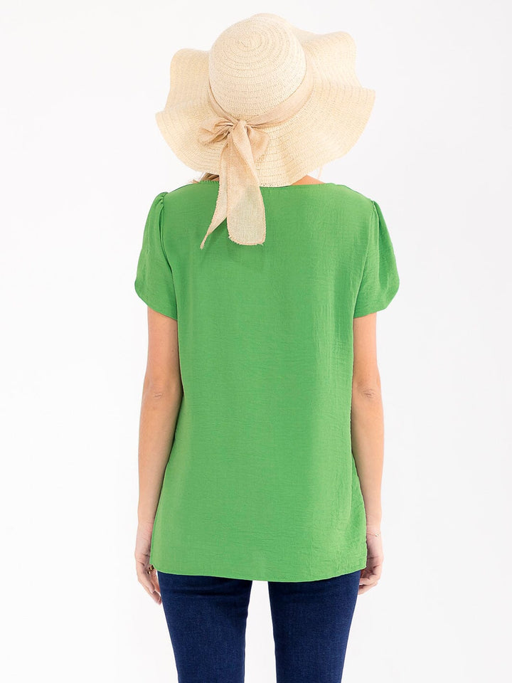 WOMEN'S SHORT DETAILED SLEEVE HIGH-LOW SOLID BLOUSE