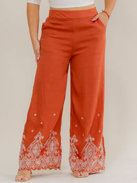 PLUS SIZE ELASTIC WAIST FRONT POCKETS FLORAL EMBROIDERY WIDE LEG PANTS