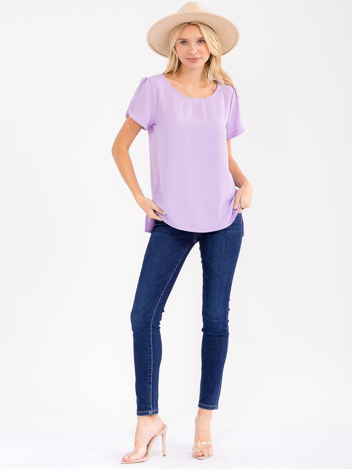 WOMEN'S SHORT DETAILED SLEEVE HIGH-LOW SOLID BLOUSE