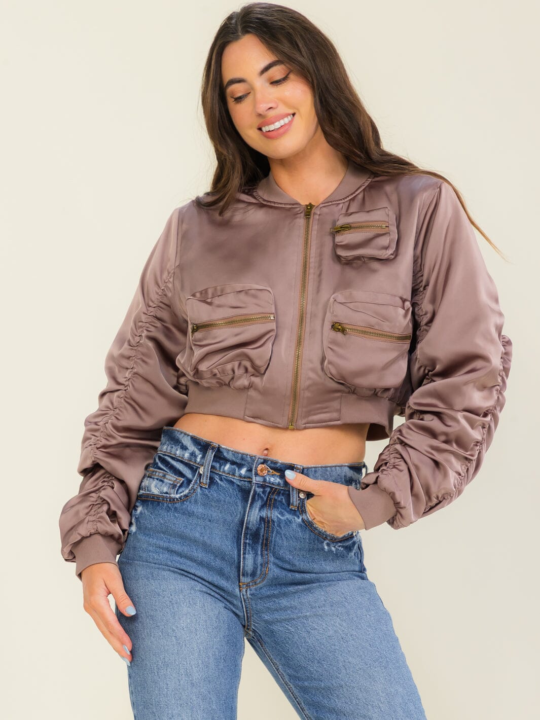 WOMEN'S LONG RUCHED SLEEVE ZIP UP FRONT POCKETS BOMBER JACKETS