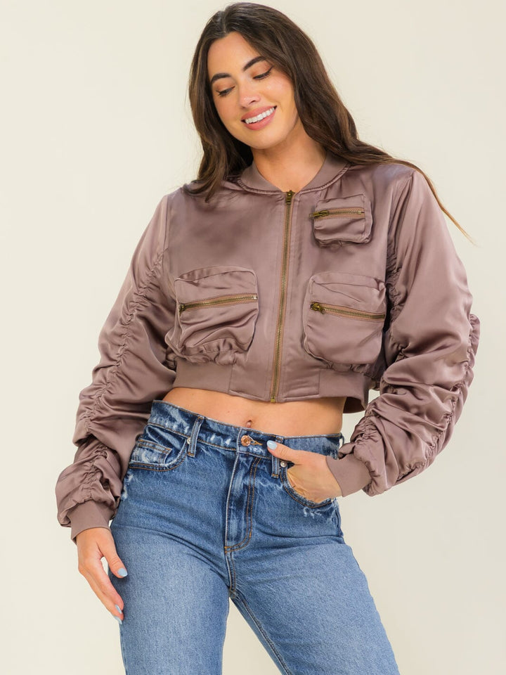 WOMEN'S LONG RUCHED SLEEVE ZIP UP FRONT POCKETS BOMBER JACKETS
