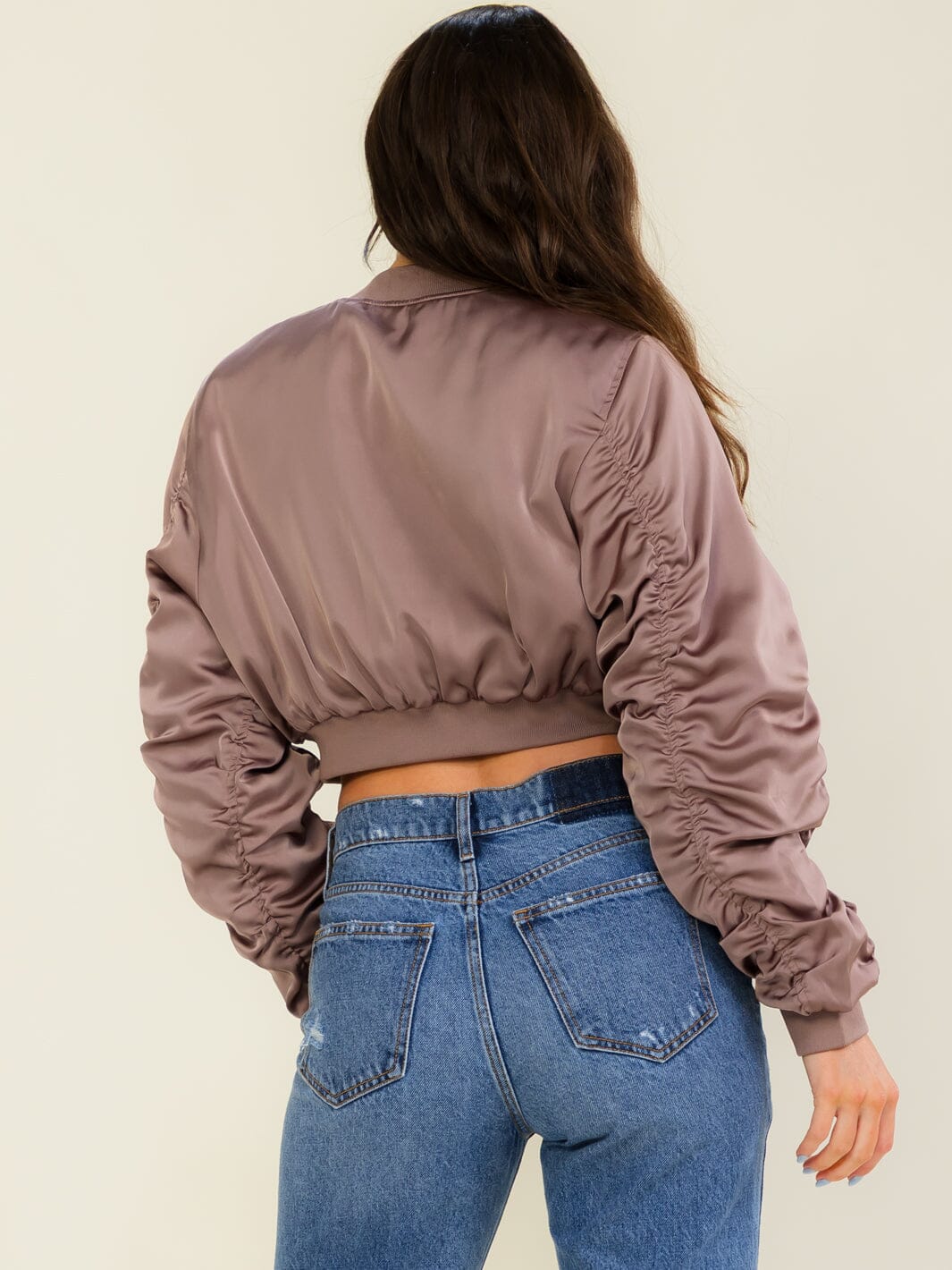 WOMEN'S LONG RUCHED SLEEVE ZIP UP FRONT POCKETS BOMBER JACKETS