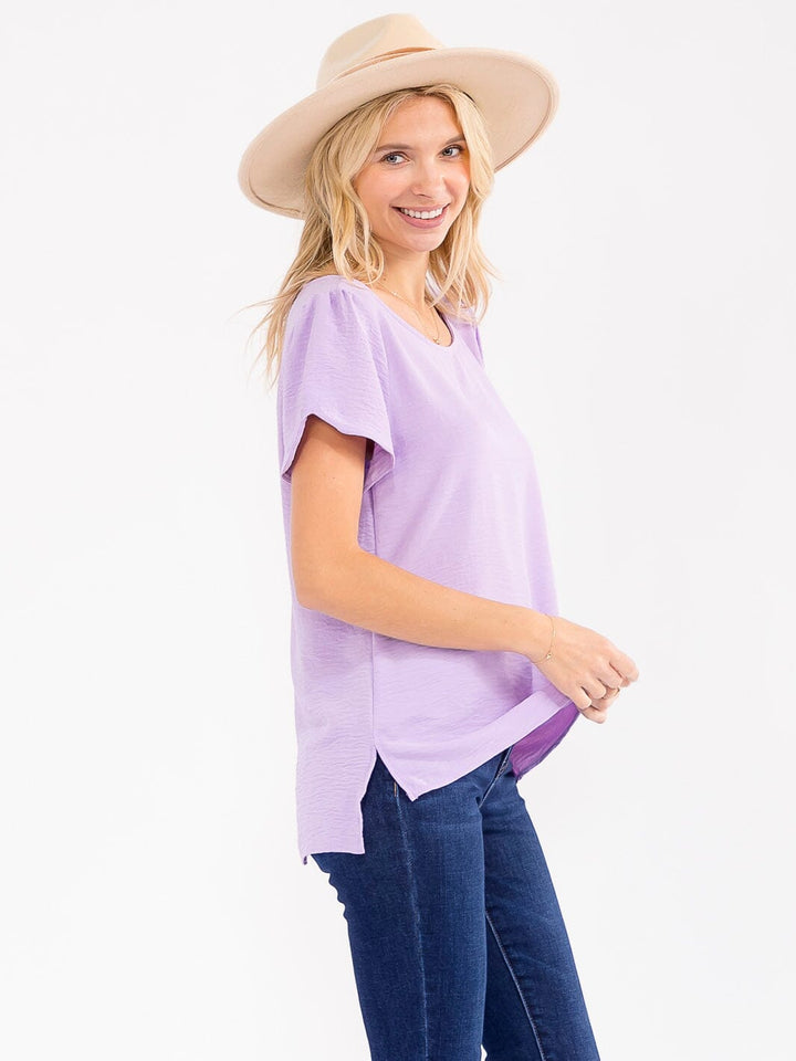 WOMEN'S SHORT DETAILED SLEEVE HIGH-LOW SOLID BLOUSE