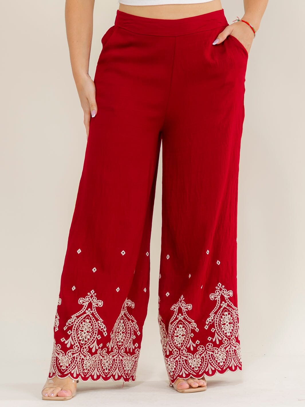 PLUS SIZE ELASTIC WAIST FRONT POCKETS FLORAL EMBROIDERY WIDE LEG PANTS