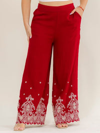 PLUS SIZE ELASTIC WAIST FRONT POCKETS FLORAL EMBROIDERY WIDE LEG PANTS