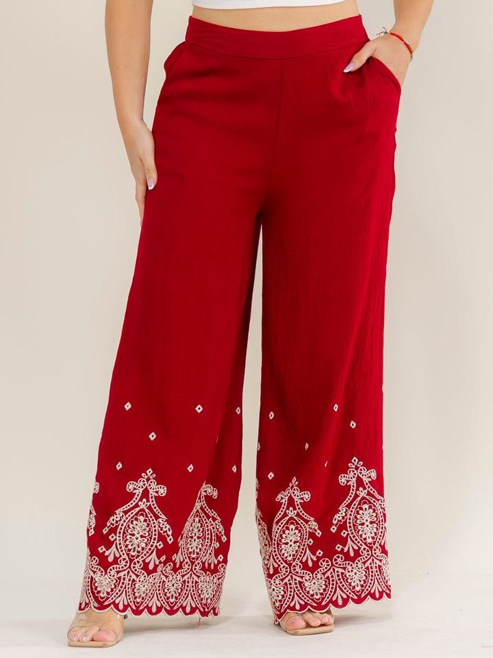 PLUS SIZE ELASTIC WAIST FRONT POCKETS FLORAL EMBROIDERY WIDE LEG PANTS