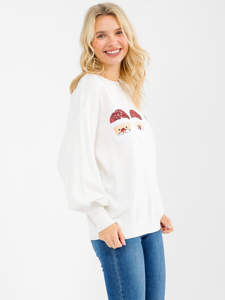 WOMEN'S LONG SLEEVE SANTA GRAPHIC PULLOVER SWEATER