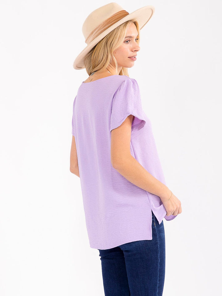 WOMEN'S SHORT DETAILED SLEEVE HIGH-LOW SOLID BLOUSE