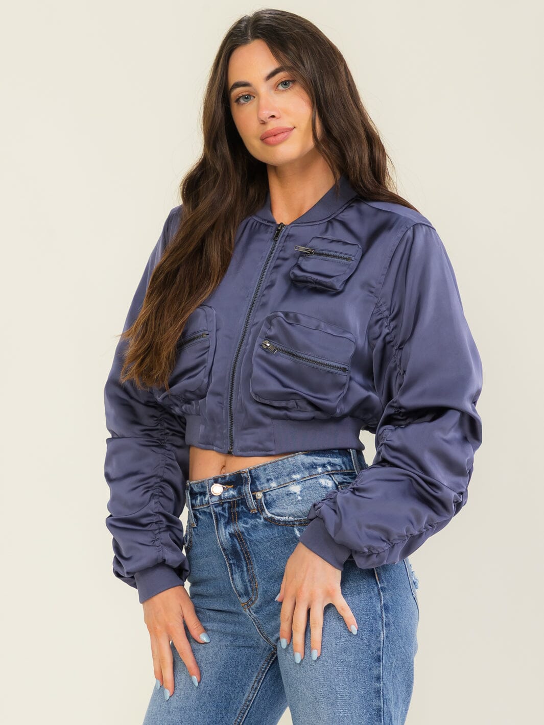 WOMEN'S LONG RUCHED SLEEVE ZIP UP FRONT POCKETS BOMBER JACKETS
