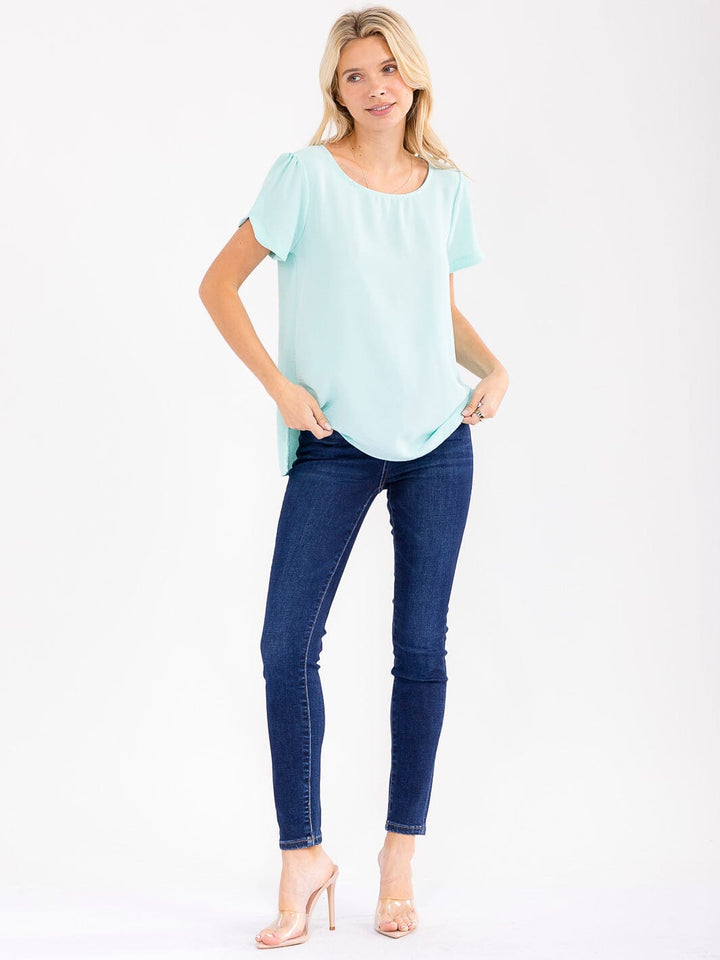 WOMEN'S SHORT DETAILED SLEEVE HIGH-LOW SOLID BLOUSE