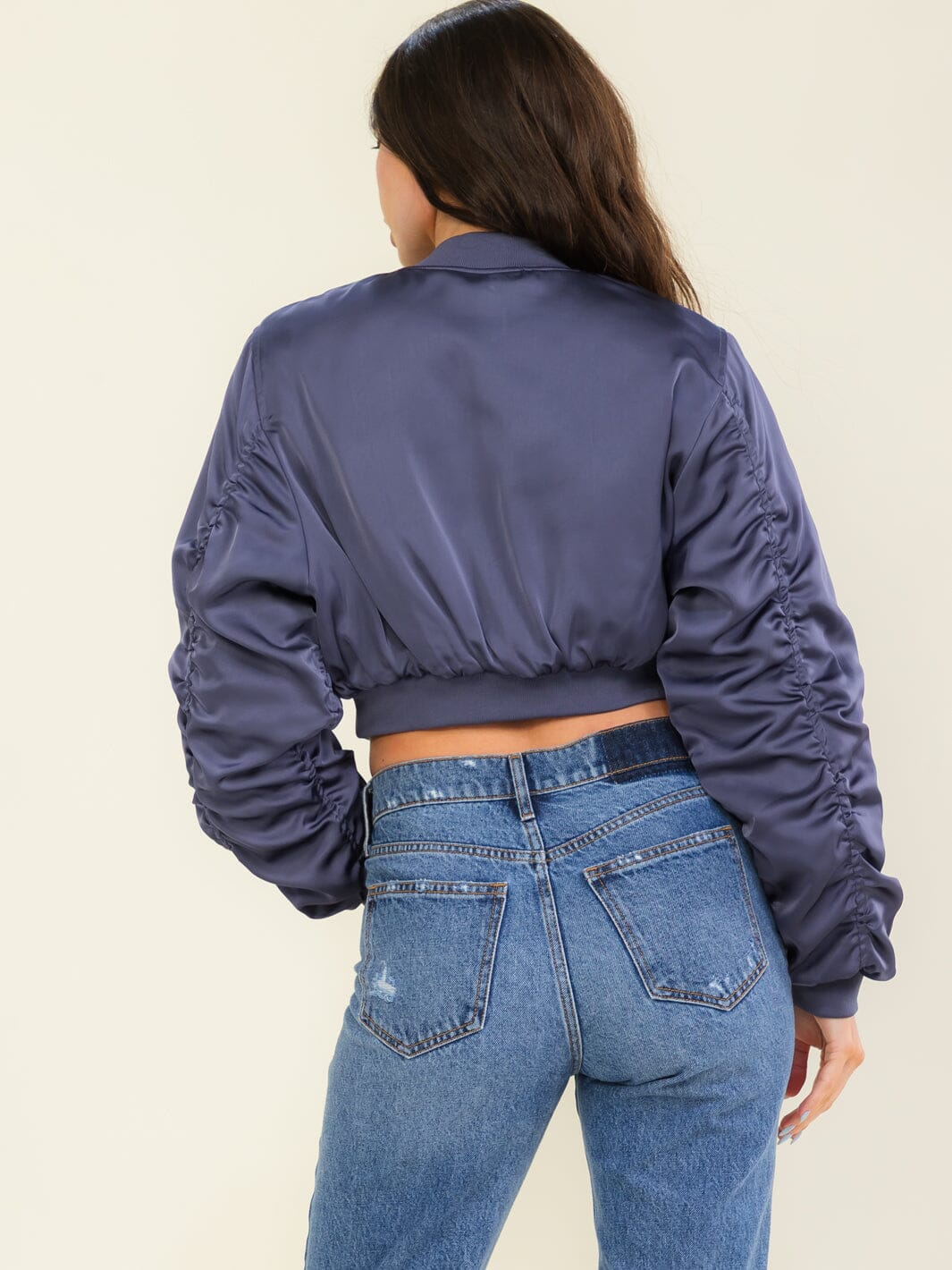 WOMEN'S LONG RUCHED SLEEVE ZIP UP FRONT POCKETS BOMBER JACKETS