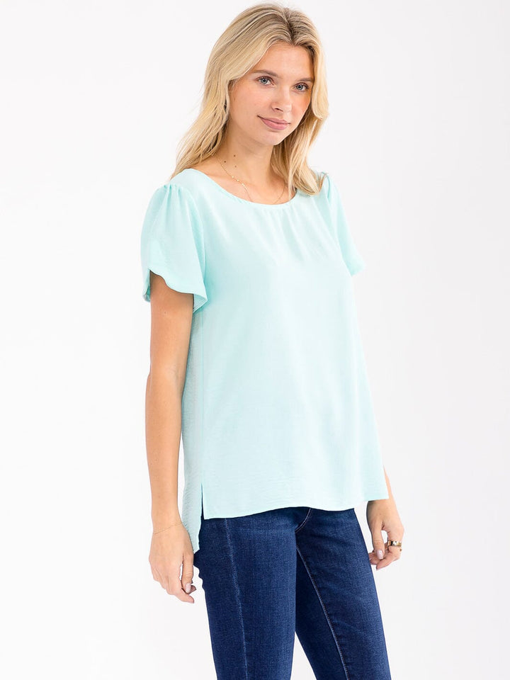 WOMEN'S SHORT DETAILED SLEEVE HIGH-LOW SOLID BLOUSE