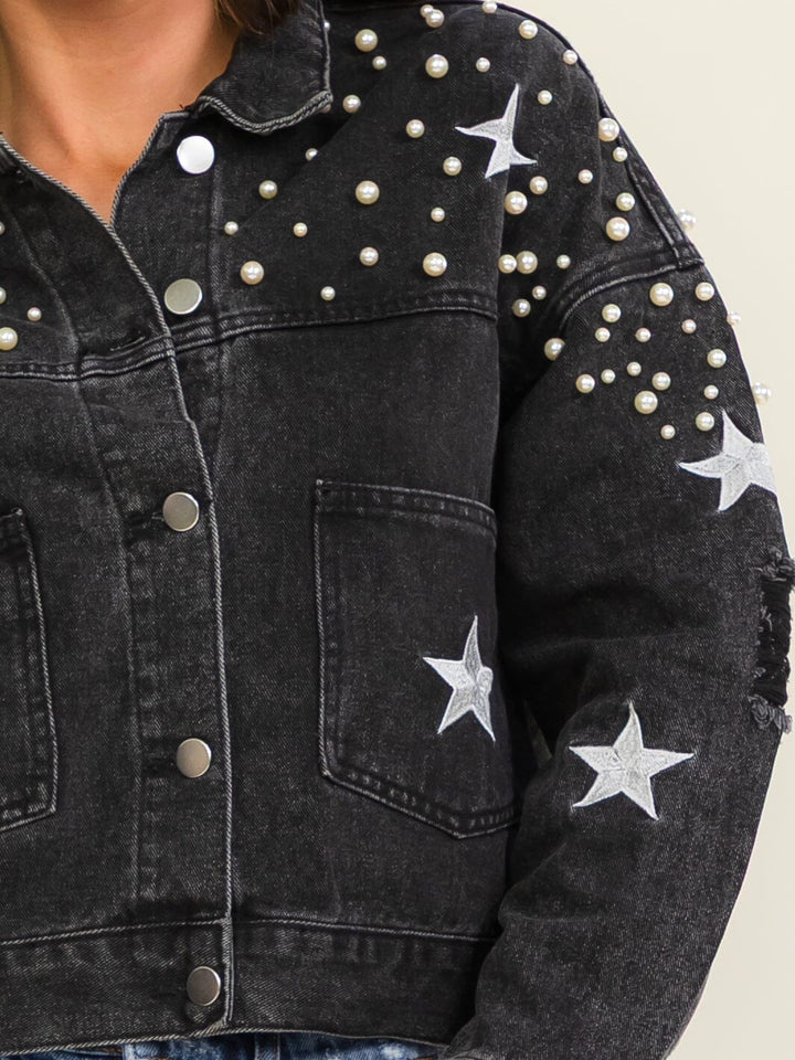 WOMEN'S LONG SLEEVE BUTTON UP FRONT POCKET STUDS DISTRESS DENIM JACKET