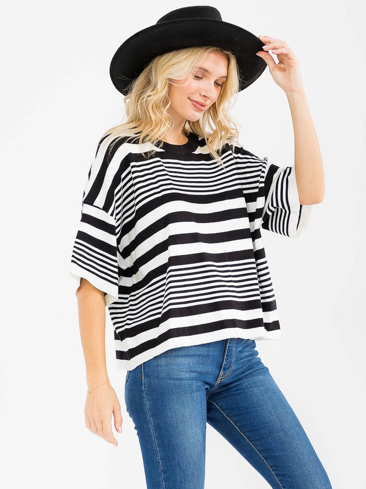 WOMEN'S SHORT SLEEVE COLORBLOCK STRIPES TOP