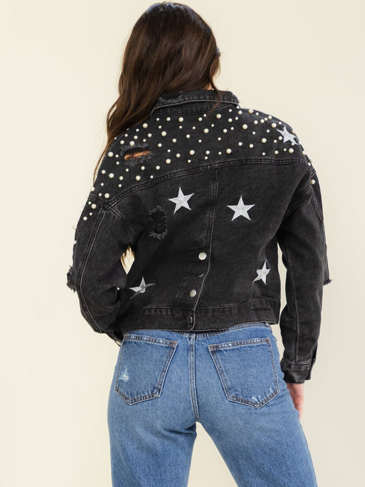 WOMEN'S LONG SLEEVE BUTTON UP FRONT POCKET STUDS DISTRESS DENIM JACKET