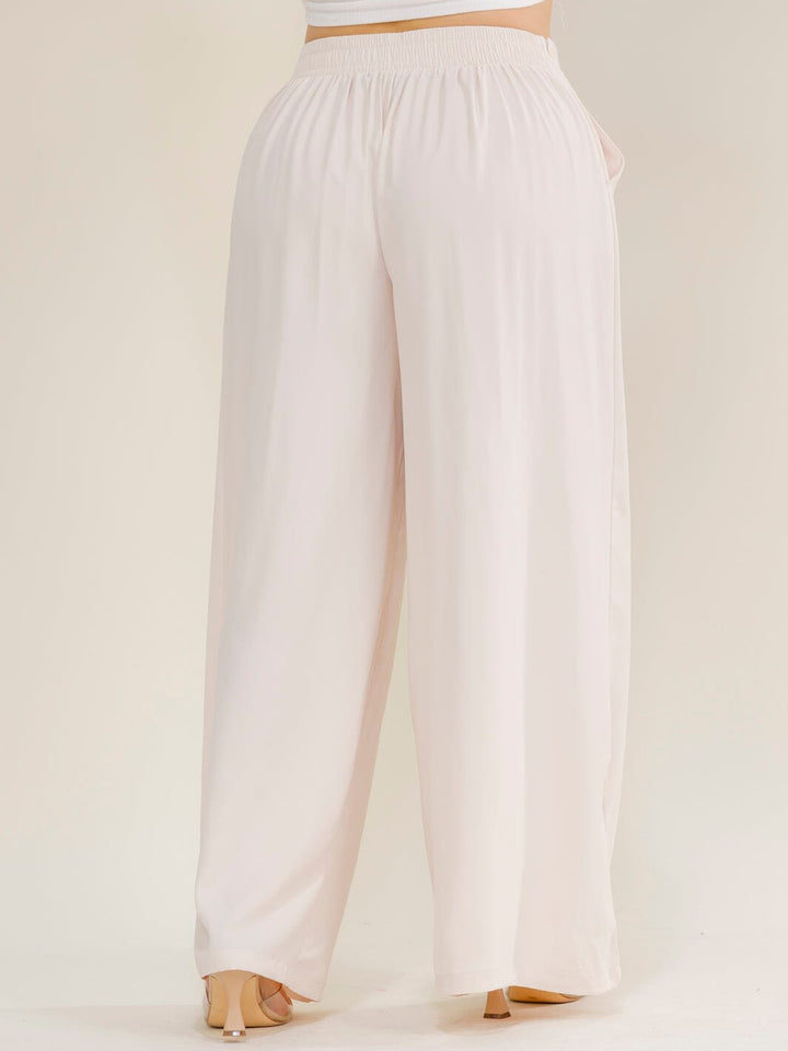 PLUS SIZE ELASTIC WAIST FRONT POCKETS WIDE LEG PANTS