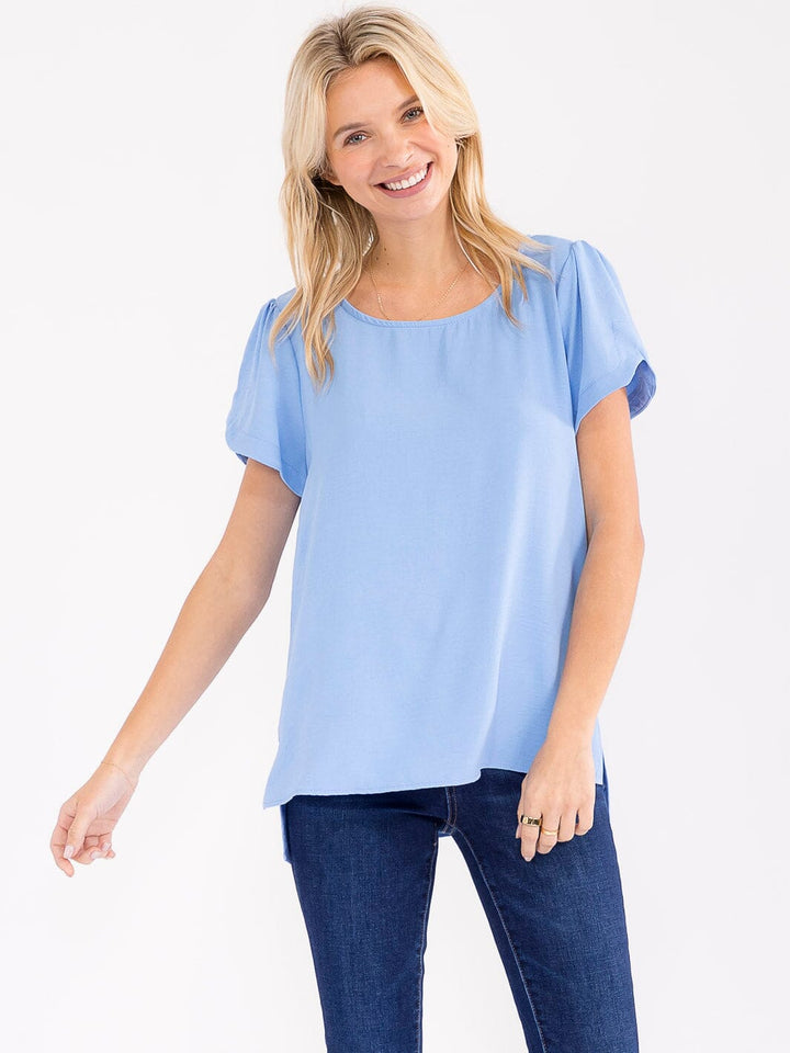 WOMEN'S SHORT DETAILED SLEEVE HIGH-LOW SOLID BLOUSE