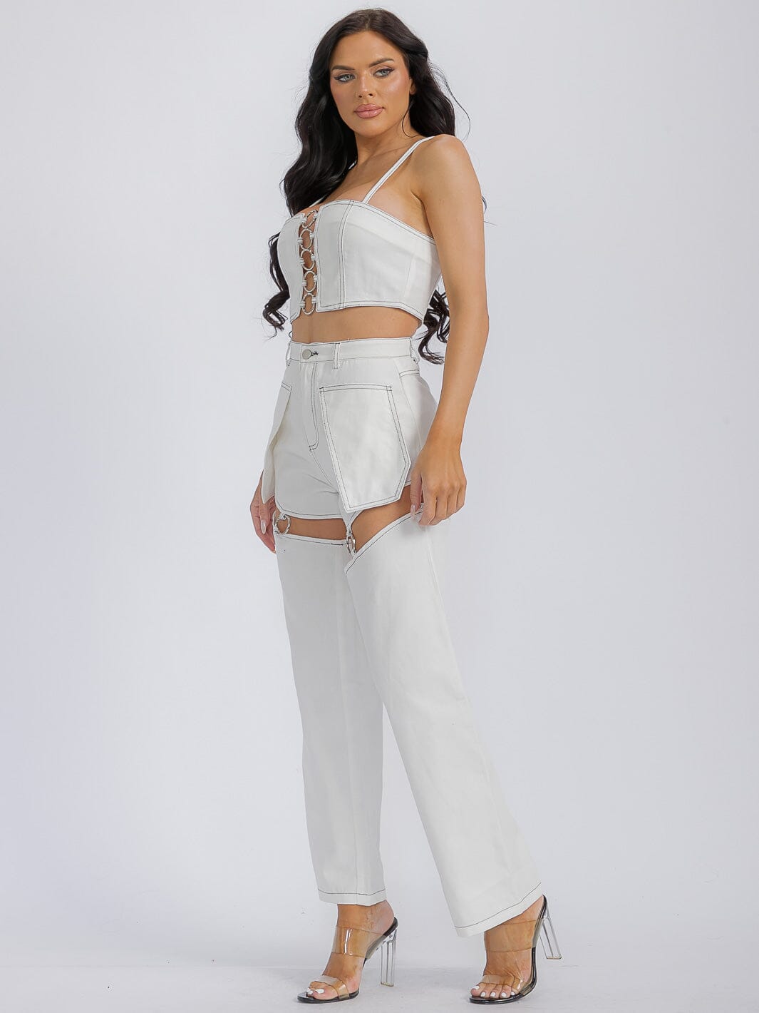 WOMEN'S SLEEVELESS CROP TOP & BUTTON CLOSURE WIDE LEG PANTS DENIM 2PC. SET