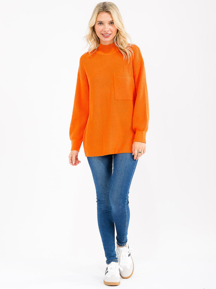 WOMEN'S LONG SLEEVE MOCK NECK FRONT POCKET KNIT PULLOVER SWEATER