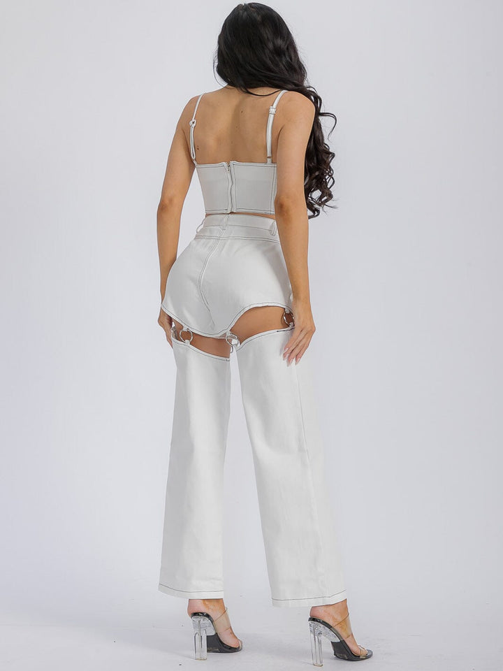 WOMEN'S SLEEVELESS CROP TOP & BUTTON CLOSURE WIDE LEG PANTS DENIM 2PC. SET