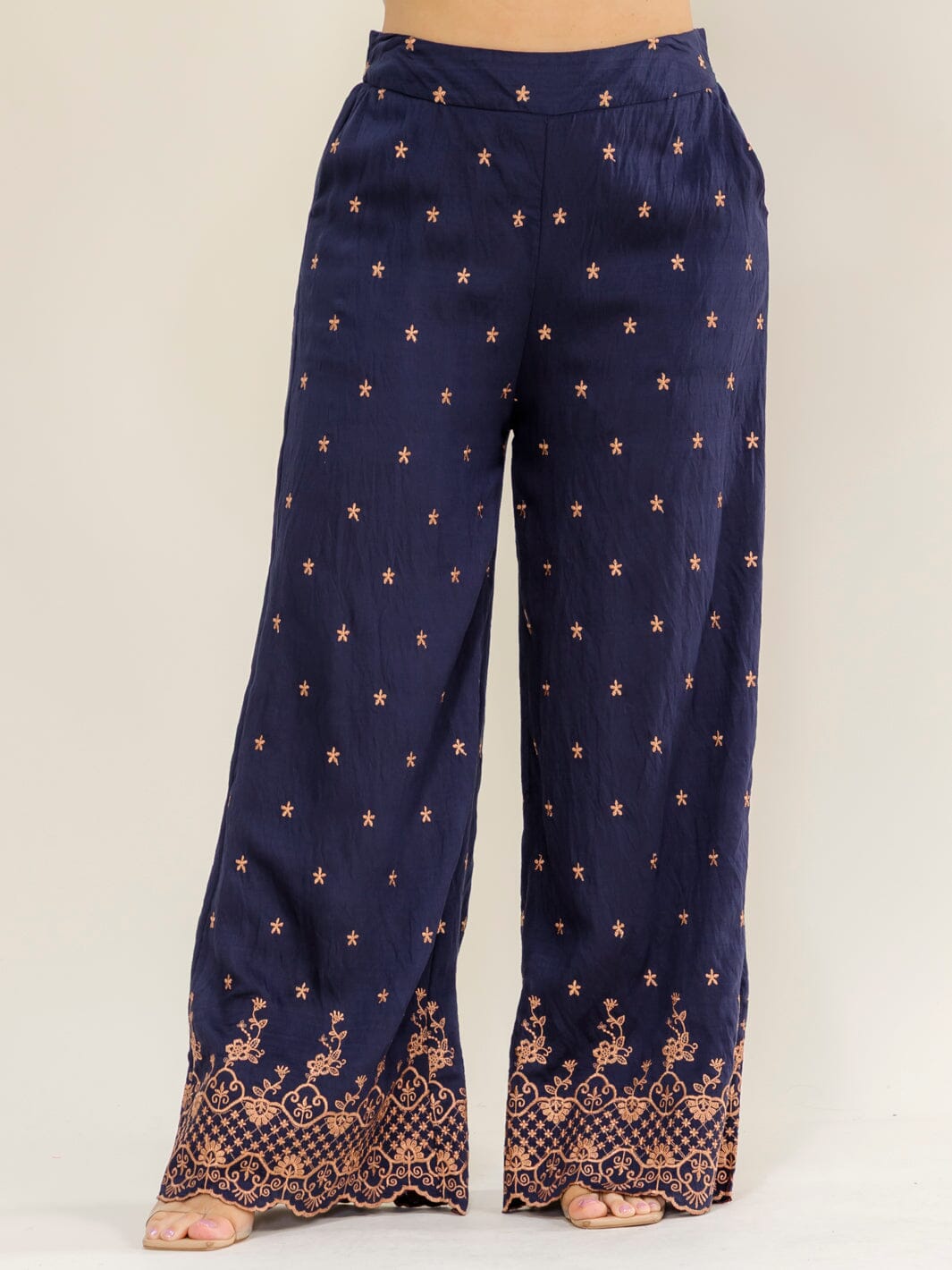PLUS SIZE ELASTIC WAIST FRONT POCKETS EMBROIDERY WIDE LEG PANTS