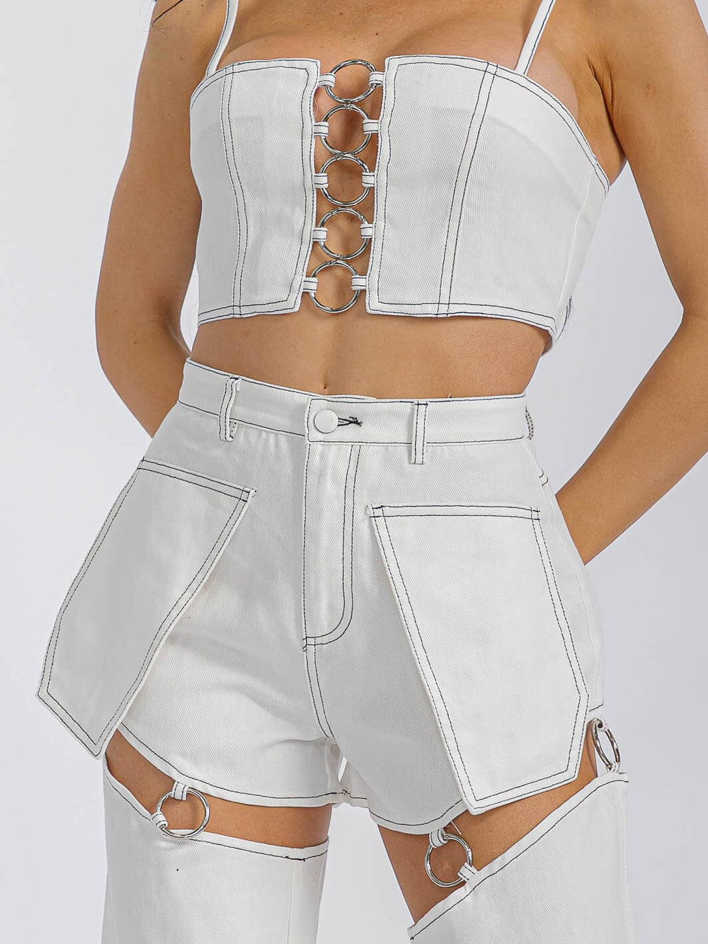 WOMEN'S SLEEVELESS CROP TOP & BUTTON CLOSURE WIDE LEG PANTS DENIM 2PC. SET