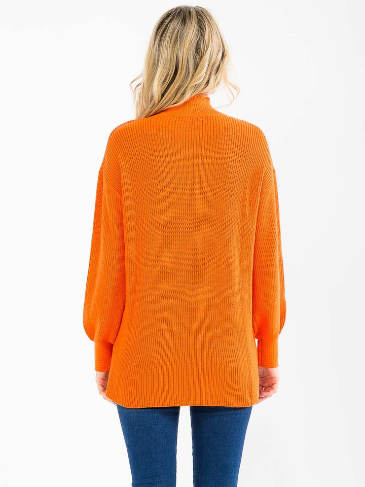 WOMEN'S LONG SLEEVE MOCK NECK FRONT POCKET KNIT PULLOVER SWEATER