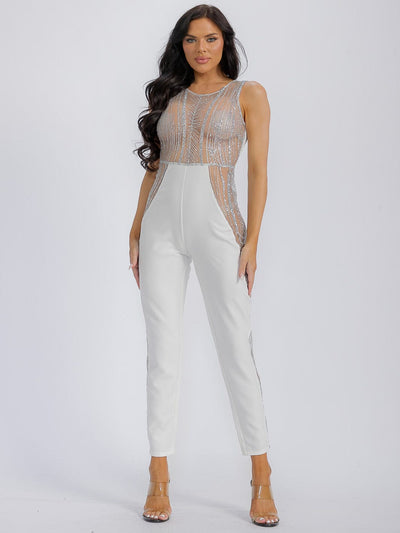 WOMEN'S SLEEVELESS SEQUINS MESH DETAILED JUMPSUIT