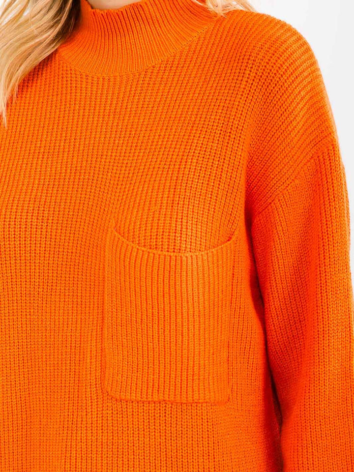 WOMEN'S LONG SLEEVE MOCK NECK FRONT POCKET KNIT PULLOVER SWEATER