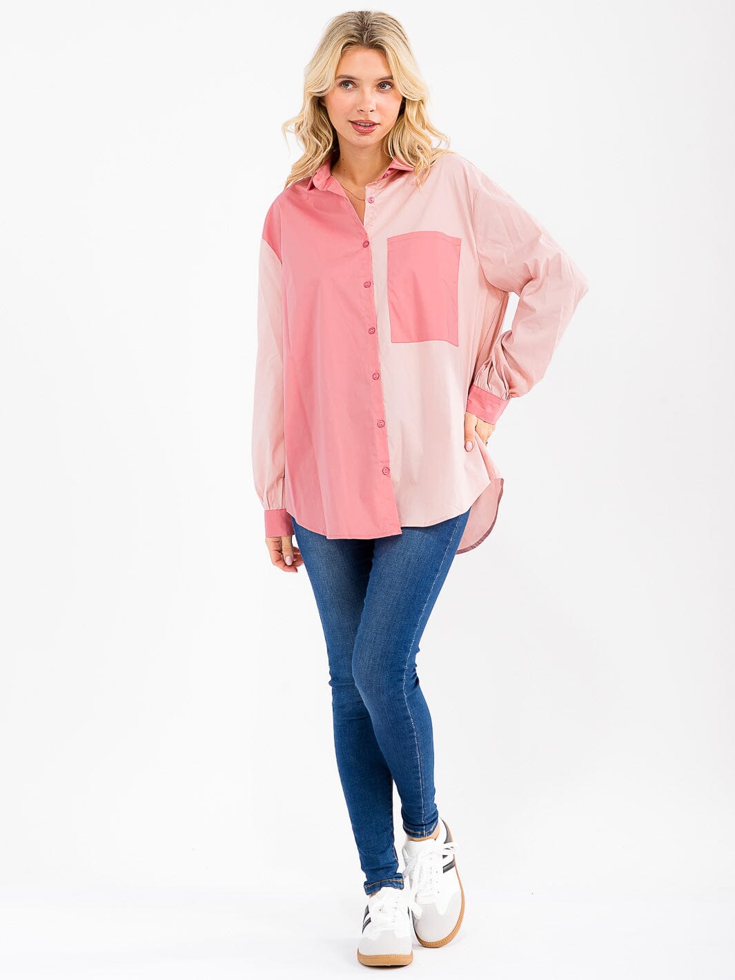 WOMEN'S LONG SLEEVE BUTTON UP FRONT POCKET COLORBLOCK SHIRT