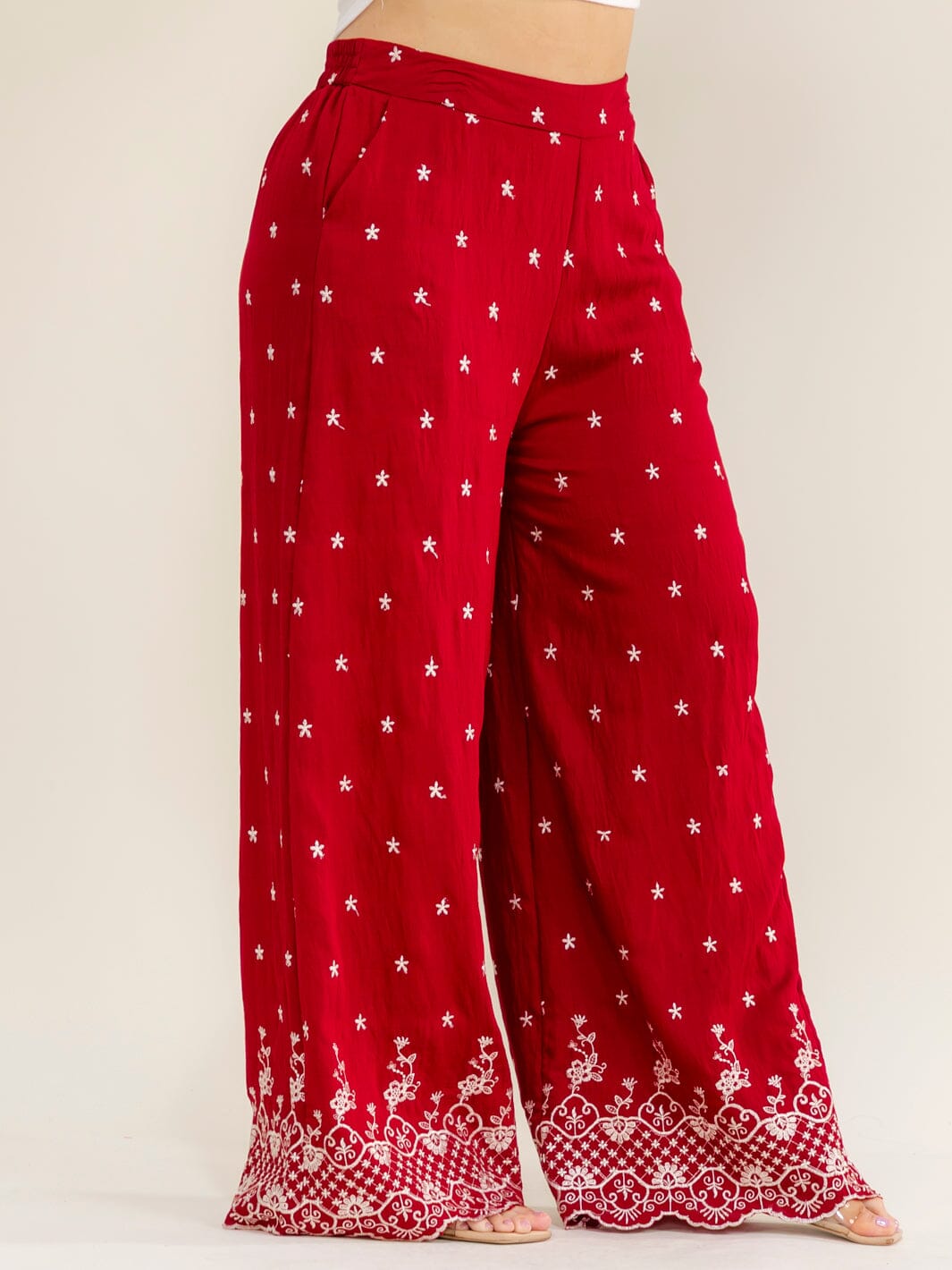 PLUS SIZE ELASTIC WAIST FRONT POCKETS EMBROIDERY WIDE LEG PANTS