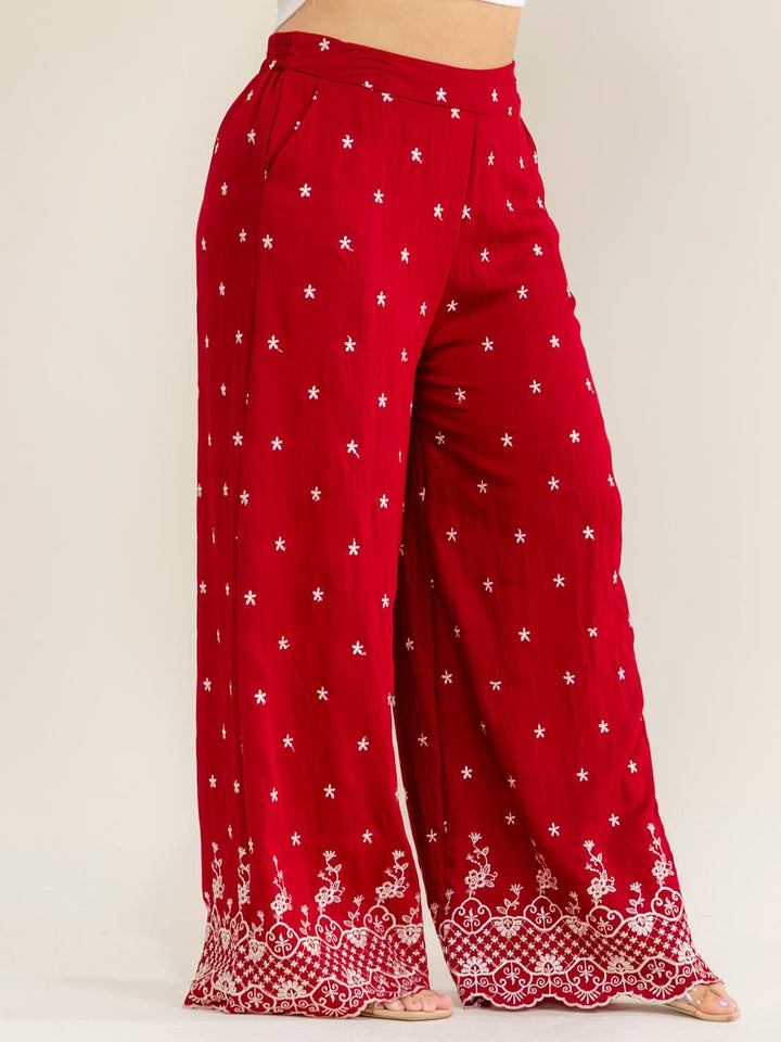 PLUS SIZE ELASTIC WAIST FRONT POCKETS EMBROIDERY WIDE LEG PANTS