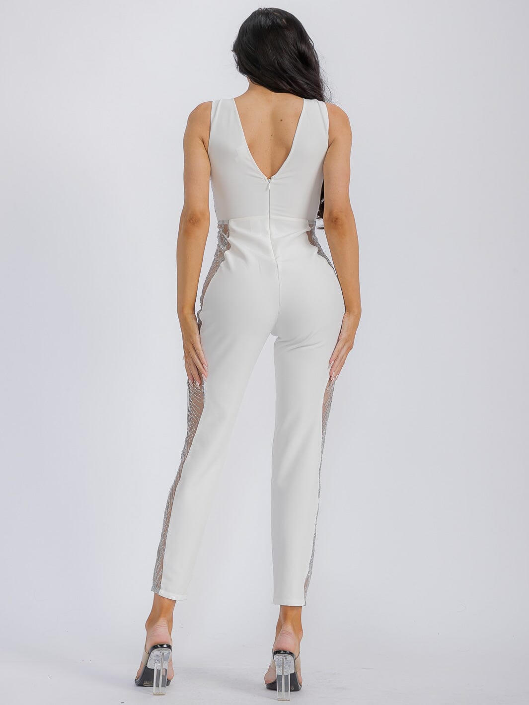 WOMEN'S SLEEVELESS SEQUINS MESH DETAILED JUMPSUIT