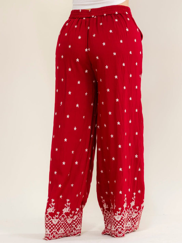 PLUS SIZE ELASTIC WAIST FRONT POCKETS EMBROIDERY WIDE LEG PANTS