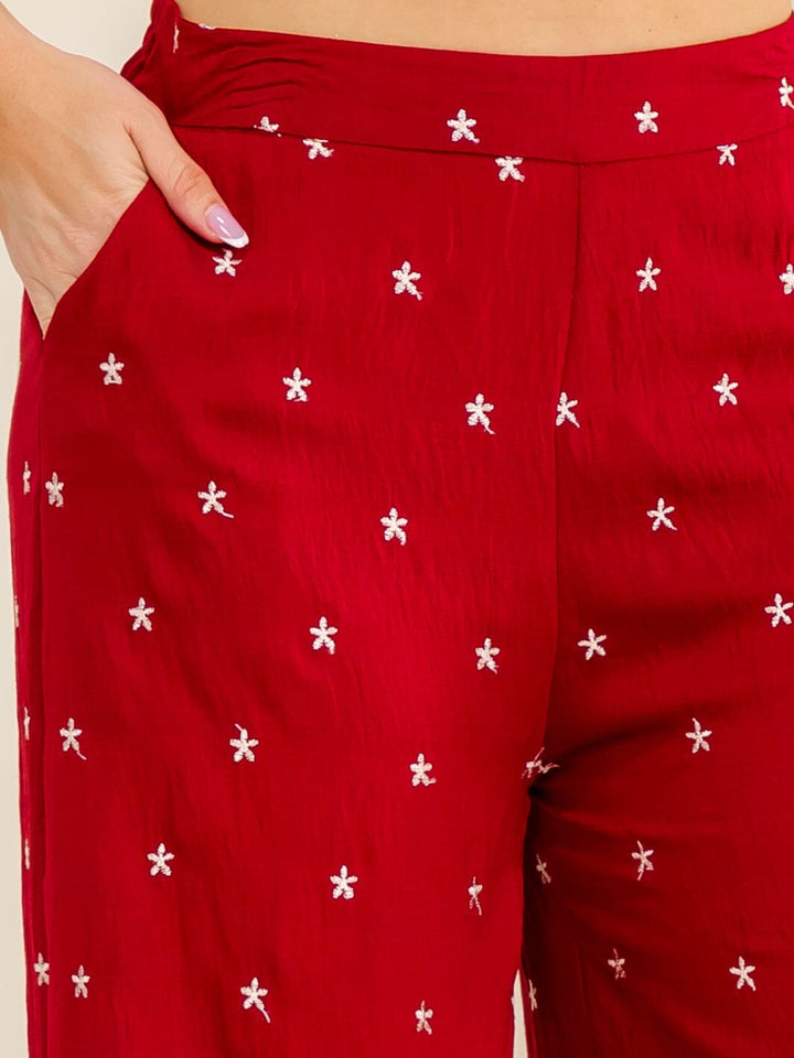 PLUS SIZE ELASTIC WAIST FRONT POCKETS EMBROIDERY WIDE LEG PANTS