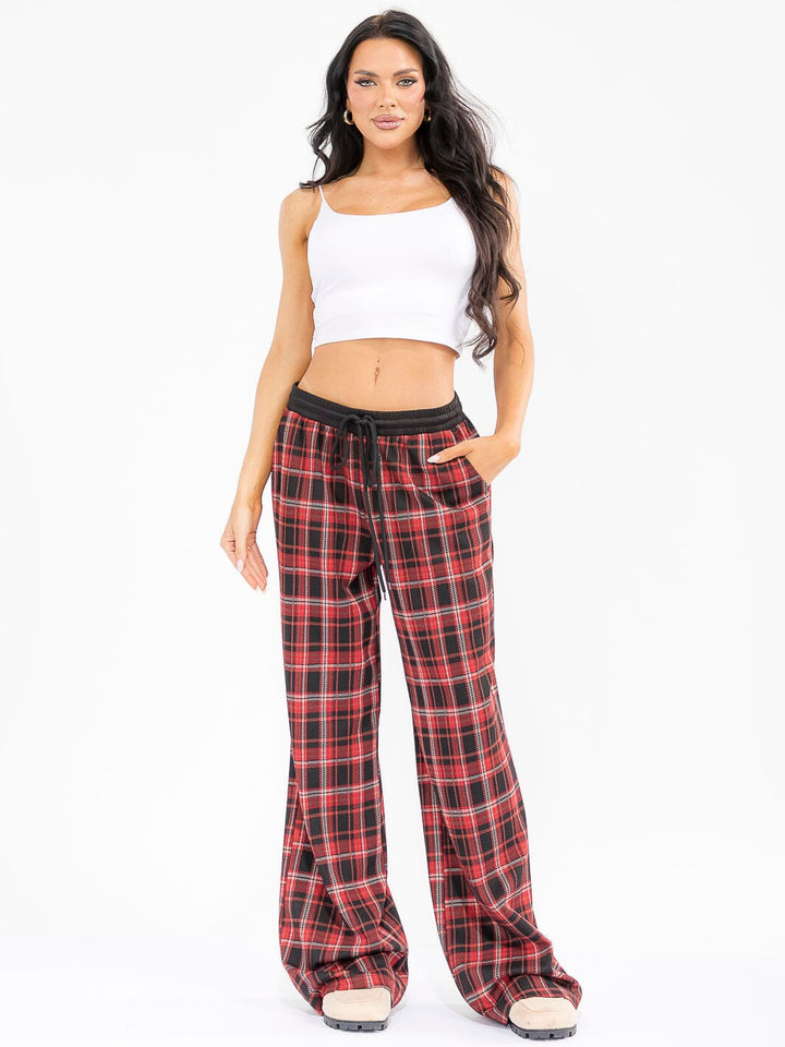WOMEN'S ELASTIC WAIST SELF TIE POCKETS WIDE LEG PLAID PANTS