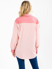 WOMEN'S LONG SLEEVE BUTTON UP FRONT POCKET COLORBLOCK SHIRT