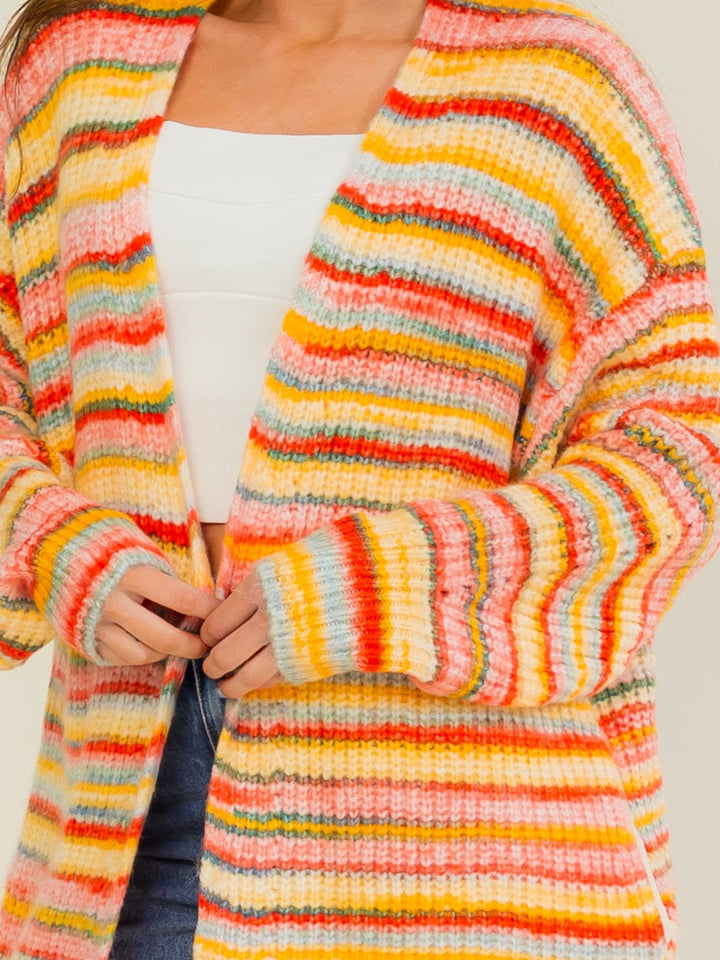 WOMEN'S LONG SLEEVE OPEN FRONT POCKETS MULTI STRIPES CARDIGAN
