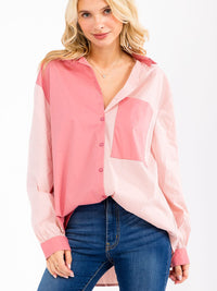 WOMEN'S LONG SLEEVE BUTTON UP FRONT POCKET COLORBLOCK SHIRT