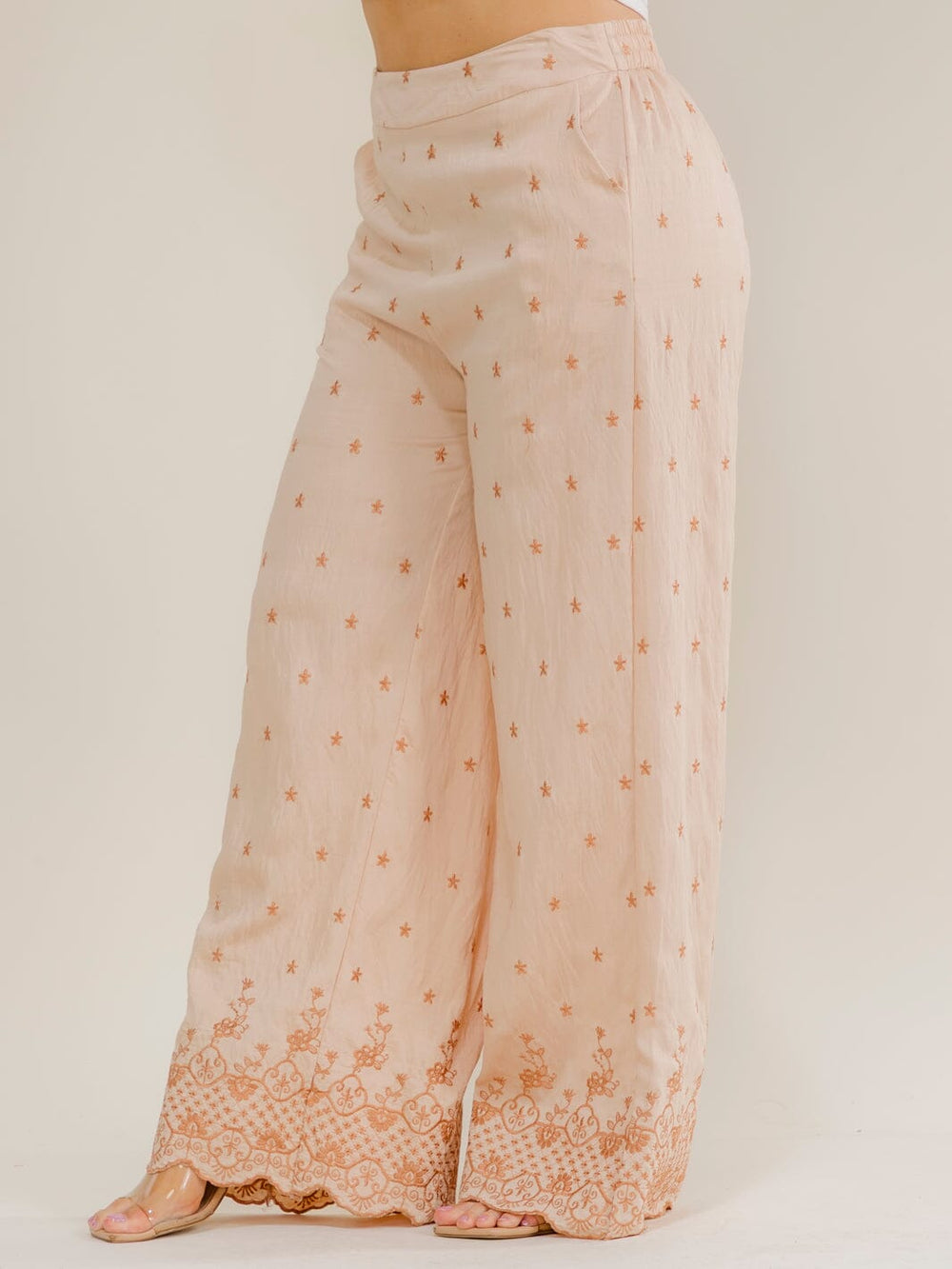 PLUS SIZE ELASTIC WAIST FRONT POCKETS EMBROIDERY WIDE LEG PANTS